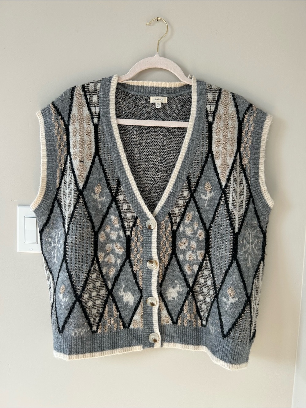 Blue Grey Patterned Knit Button-Front Sweater Vest